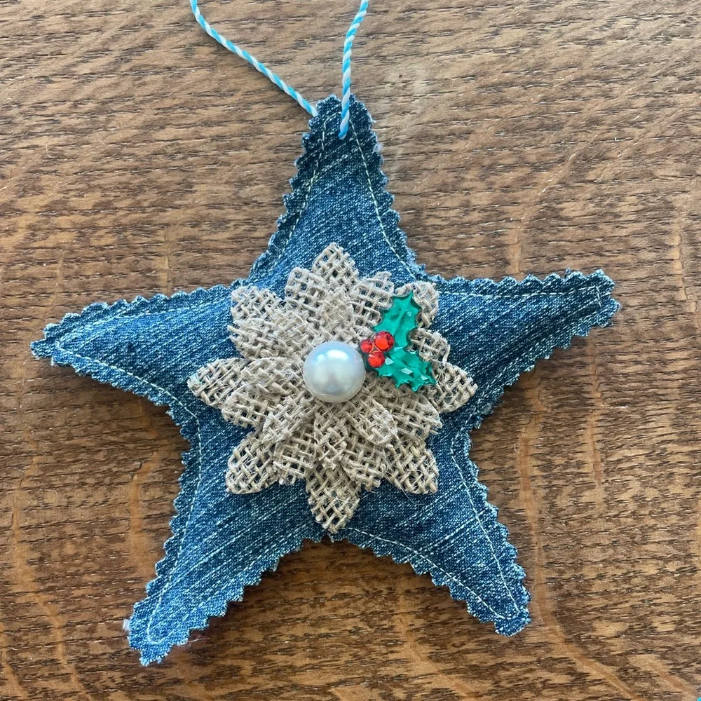 Denim Christmas Ornaments Set - 6 Blue and Red. New. - Picture 3 of 7